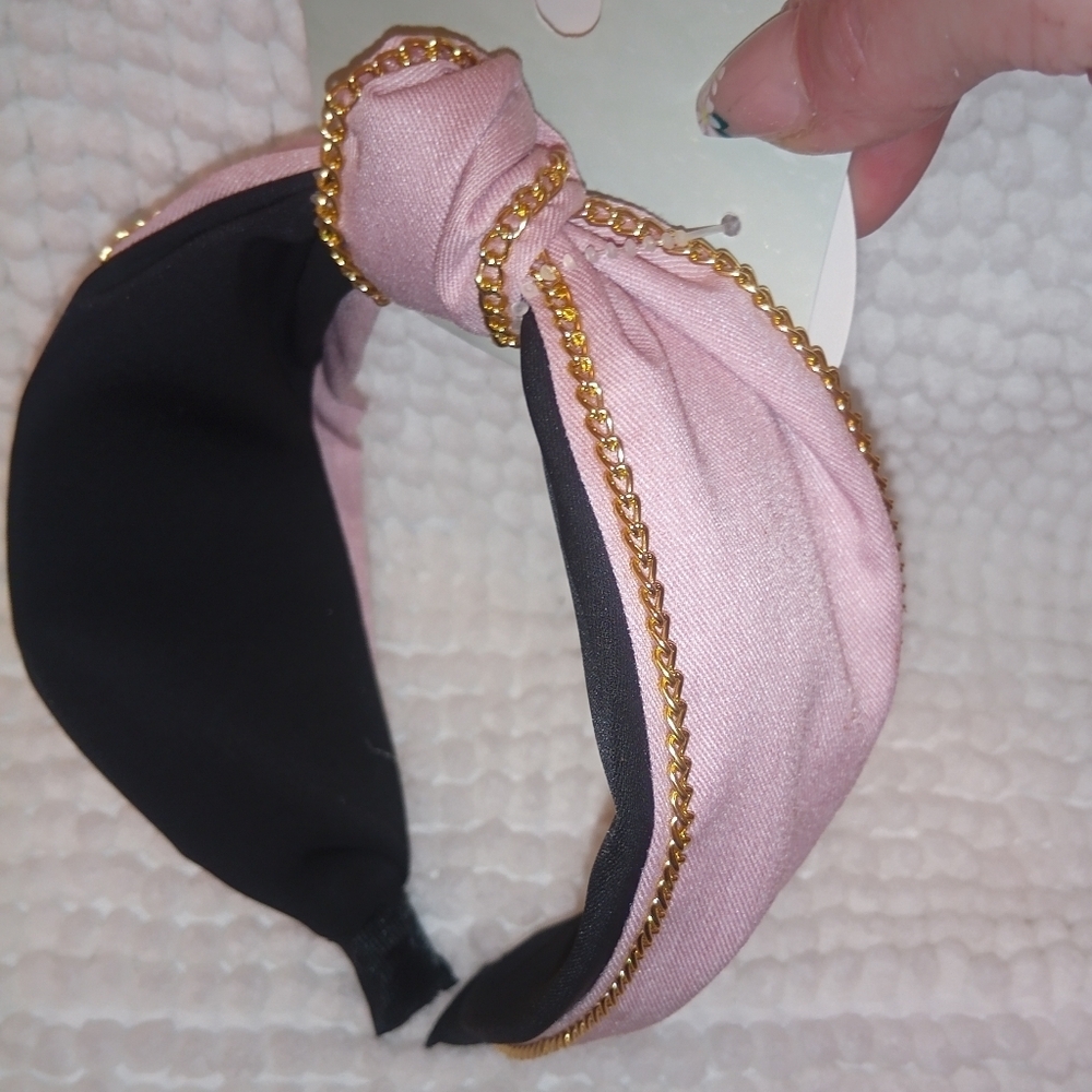 Stylish Denim/ Pink Wide Knot Headband with Gold Chain